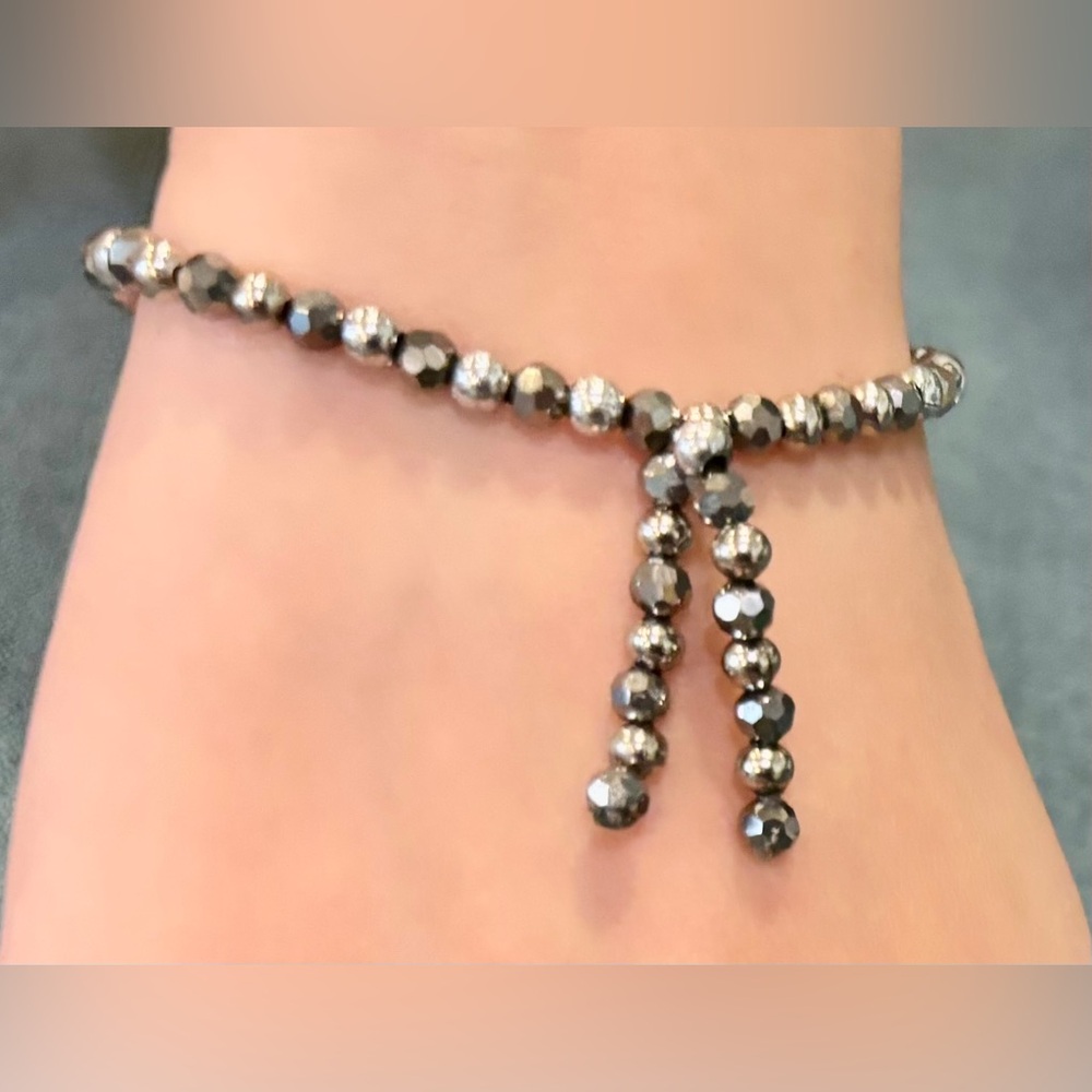 Elegant Handmade Silver & Gray  Multi-faceted Beaded Bracelet on Elastic Band